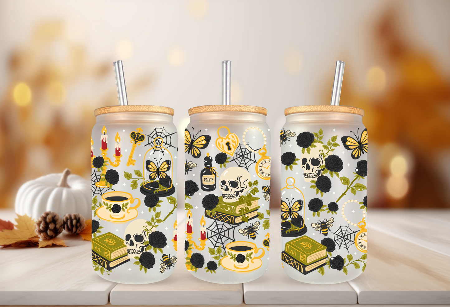 UVDTF Wrap Dark Academia for 16oz Can Glass Mug Tumbler, Halloween Wrap, Ready to apply, Permanent Waterproof Adhesive