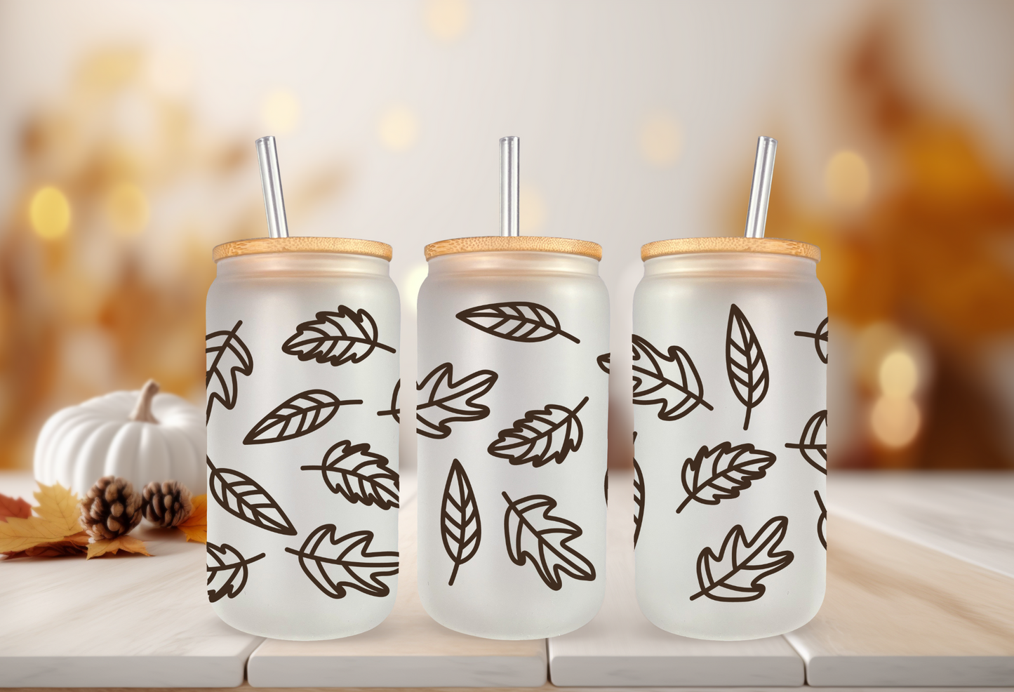 UVDTF Wrap Fall Leaves 16oz Can Glass, Mug, Tumbler, Double Sided Print Option, Ready to Apply, Permanent Adhesive Waterproof