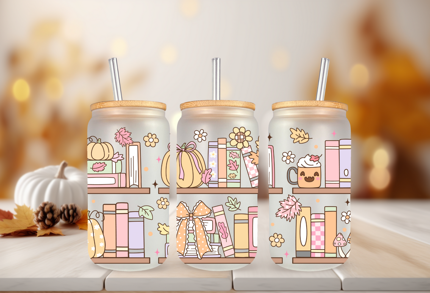 UVDTF Wrap Fall Bookshelf 16oz Can Glass, Mug, Tumbler, Halloween, Ready to apply, Permanent Waterproof Adhesive