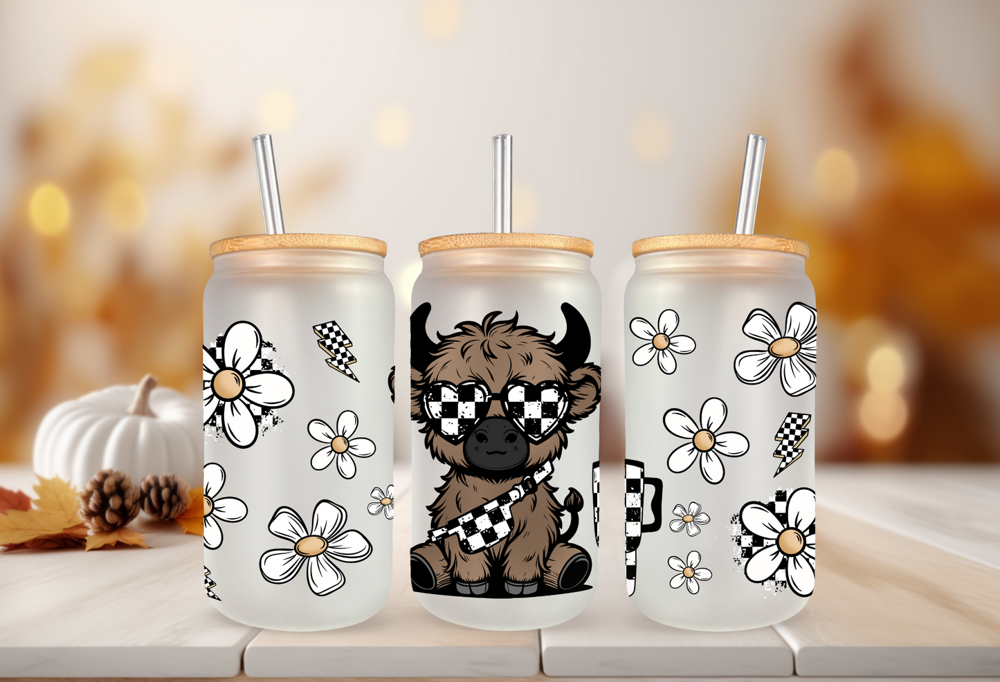 UVDTF Wrap Highland Cow Checkered Daisy 16oz Can Glass Mug Tumbler Wrap, Geese Wrap, Ready to apply, Permanent Adhesive
