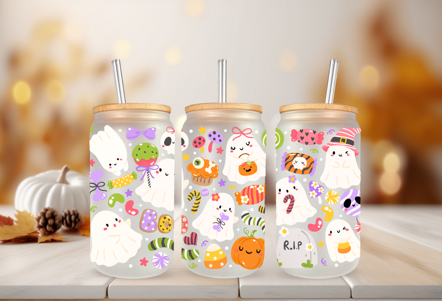 UVDTF Wrap Halloween Ghost Trick or Treat for 16oz Can Glass Mug Tumbler, Halloween Wrap, Ready to apply, Permanent Waterproof Adhesive