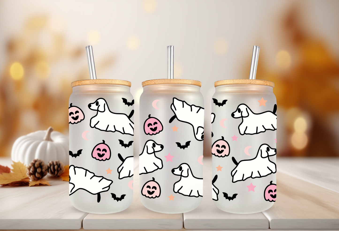 UVDTF Wrap Halloween Ghost Dogs for 16oz Can Glass Mug Tumbler, Ready to apply, Permanent adhesive, Double Sided option (Copy)