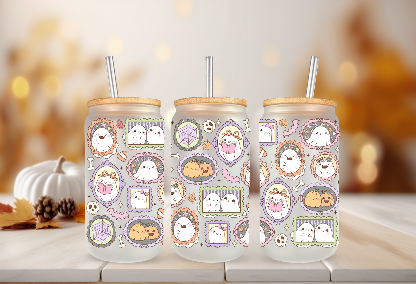 UVDTF Wrap Spooky Ghost Frames for 16oz Can Glass Mug Tumbler, Halloween Wrap, Ready to apply, Permanent Waterproof Adhesive