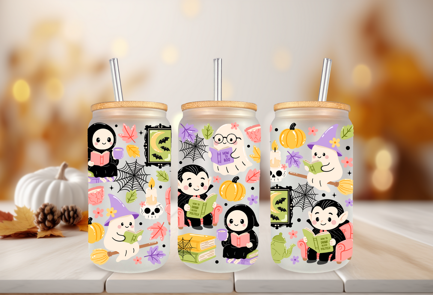 UVDTF Wrap Ghostly Book Club 16oz Can Glass, Mug, Tumbler, Halloween, Ready to apply, Permanent Waterproof Adhesive