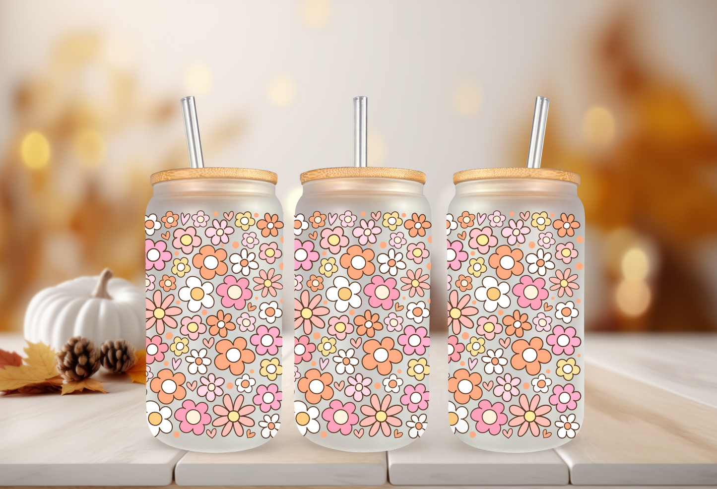 UVDTF Wrap Warm Floral Autumn for 16oz Can Glass Mug Tumbler, Ready to Apply, Permanent Waterproof Adhesive