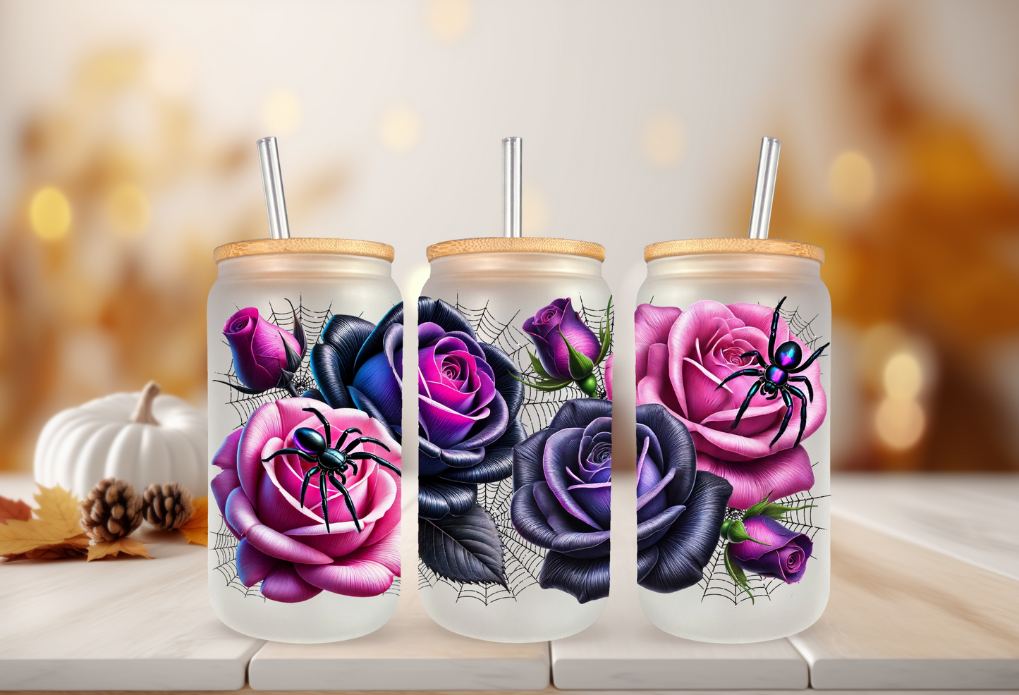 UVDTF Wrap Halloween Roses Spider 16 oz Can Glass Mug Tumbler, Halloween Wrap, Ready to Apply, Permanent Adhesive, Double Sided Print