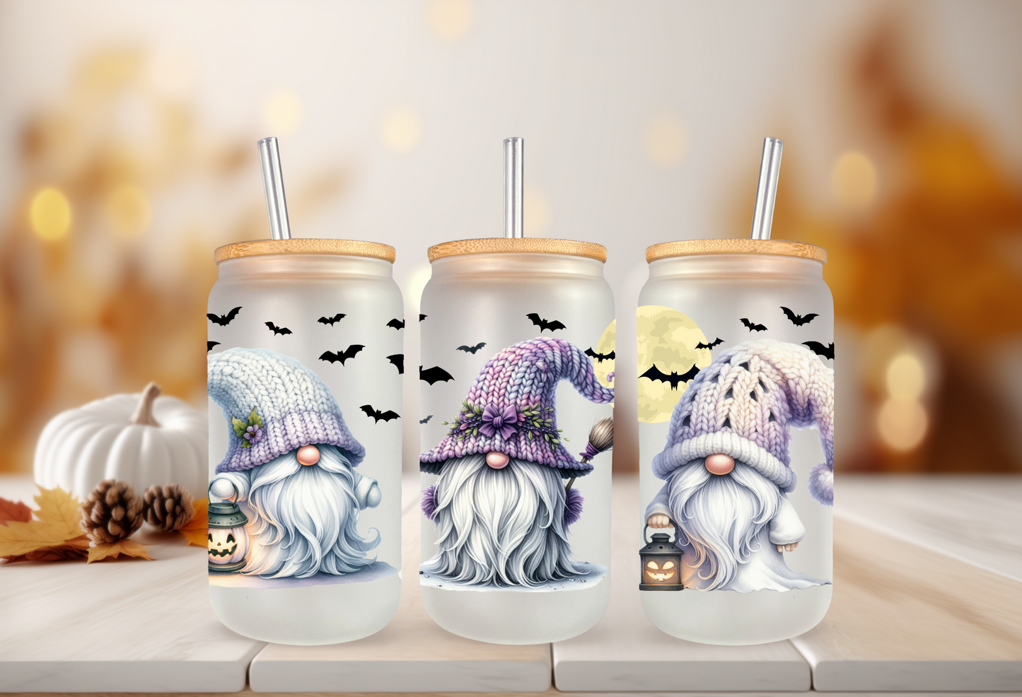 UVDTF Wrap Halloween Gnomes Bats 16oz Can Glass Mug Tumbler, Gnome Wrap, Ready to apply, Permanent Waterproof Adhesive