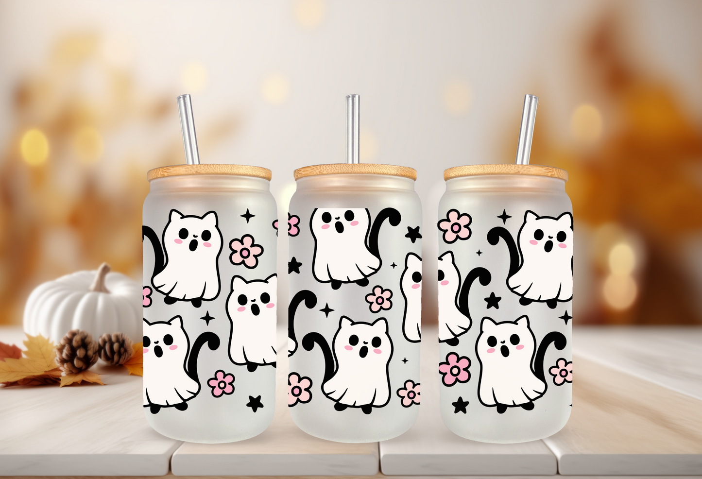 UVDTF Wrap Halloween Ghost Cat for 16oz Can Glass Mug Tumbler, Halloween Wrap, Ready to apply, Permanent Waterproof Adhesive