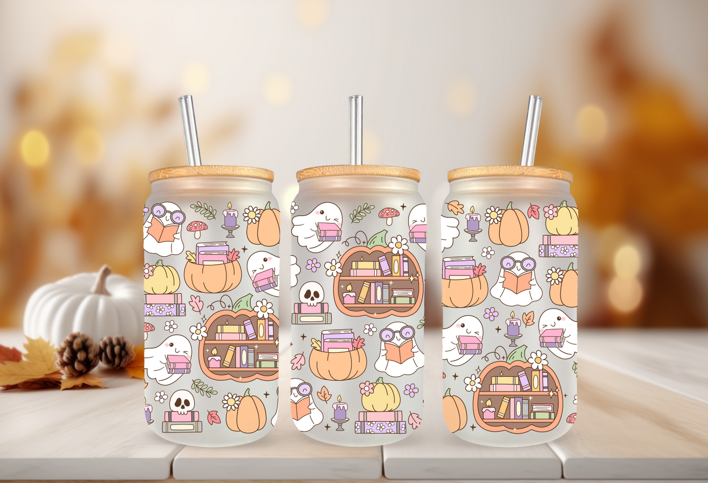 UVDTF Wrap Ghost Pumpkin Books 16oz Can Glass, Mug, Tumbler, Halloween, Ready to apply, Permanent Waterproof Adhesive