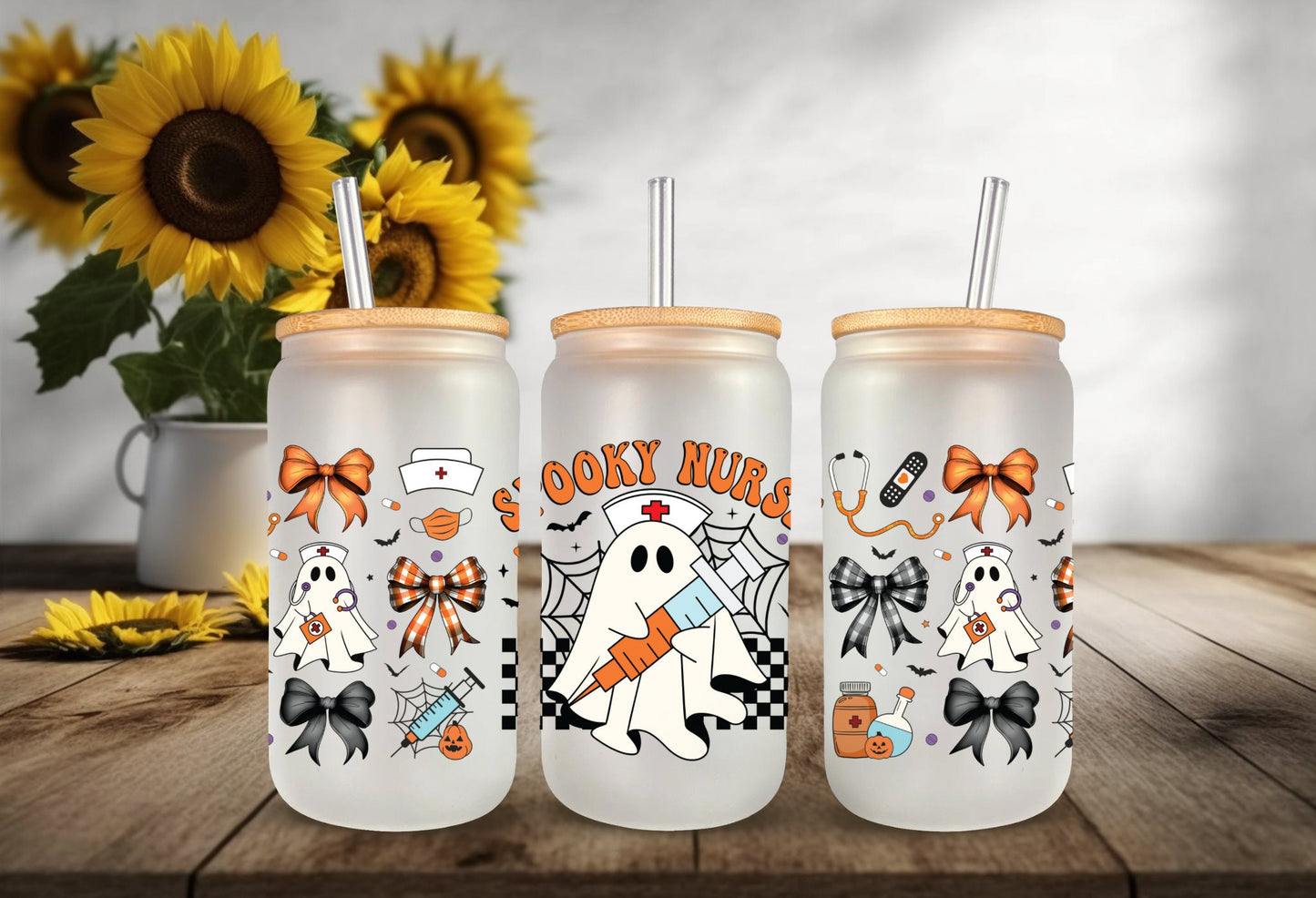 UVDTF Wrap Spooky Nurse Ghost Coquette Bows 16oz Can Glass, Mug, Tumbler, Halloween Wrap, Permanent Adhesive