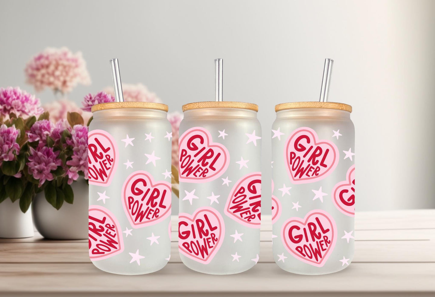 UVDTF Wrap Hearts Girl Power 16oz Can Glass Wrap Mug Tumbler, Ready to Apply, Permanent Waterproof Adhesive