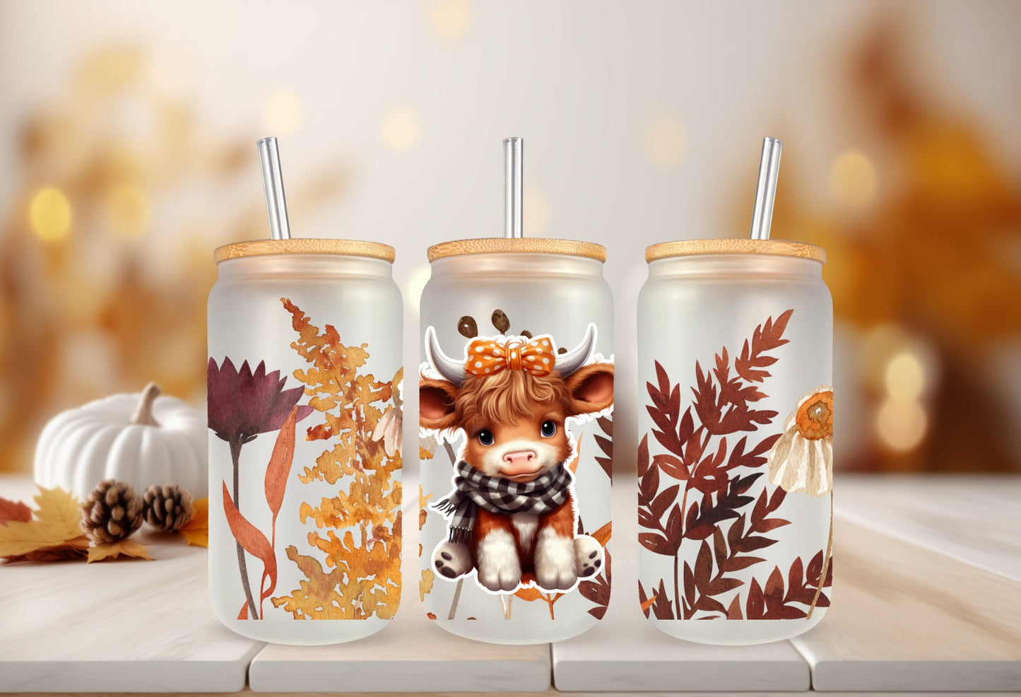 Cup Wrap Decal - Fall Floral Wrap With Cow Girl Design, 16 oz Glass Mug Sticker