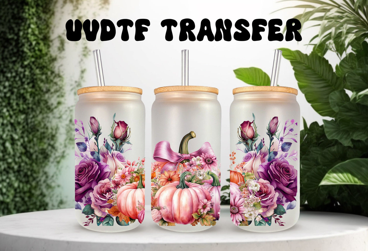 UVDTF Wrap Fall Pumpkin Pink Floral 16oz Can Glass, Mug, Tumbler Wrap, Ready to Apply, Permanent Waterproof Adhesive