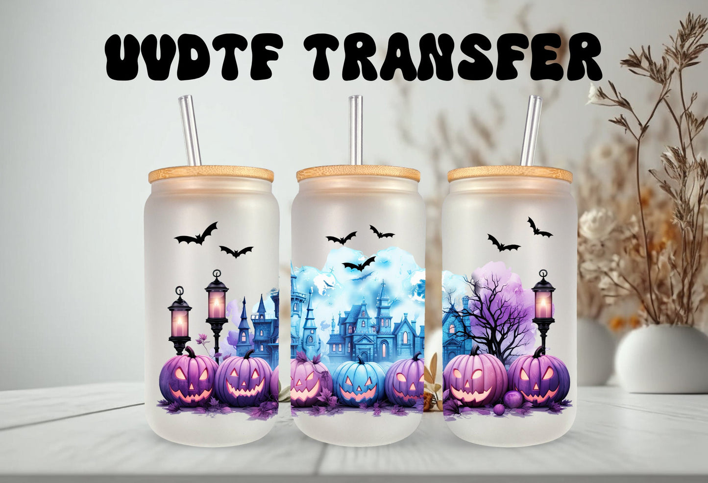 UVDTF Wrap Spooky Bats Pumpkins Haunted House 16 oz Can Glass, Mug, 40 oz Wrap, Ready to apply, Permanent Adhesive, Double sided print