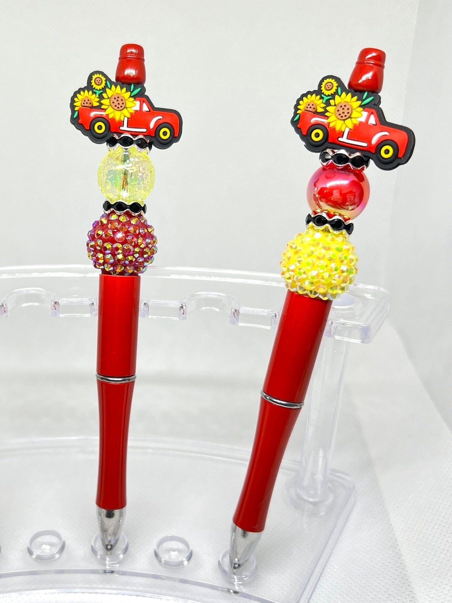 Red Truck Sunflower Beaded Pen, Fun Pens Acrylic  Beads, Beaded Pen, Retractable Ink Pen, Gifts