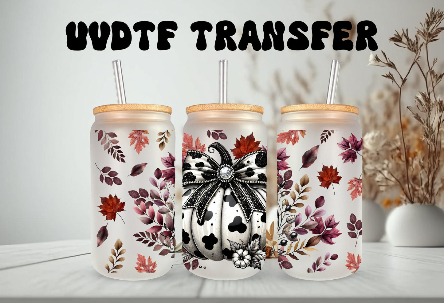UVDTF Wrap Pumpkin Floral Cow Print 16oz Can Glass, Mug, Tumbler, Ready to Apply, Permanent Waterproof Adhesive, Double Sided Print