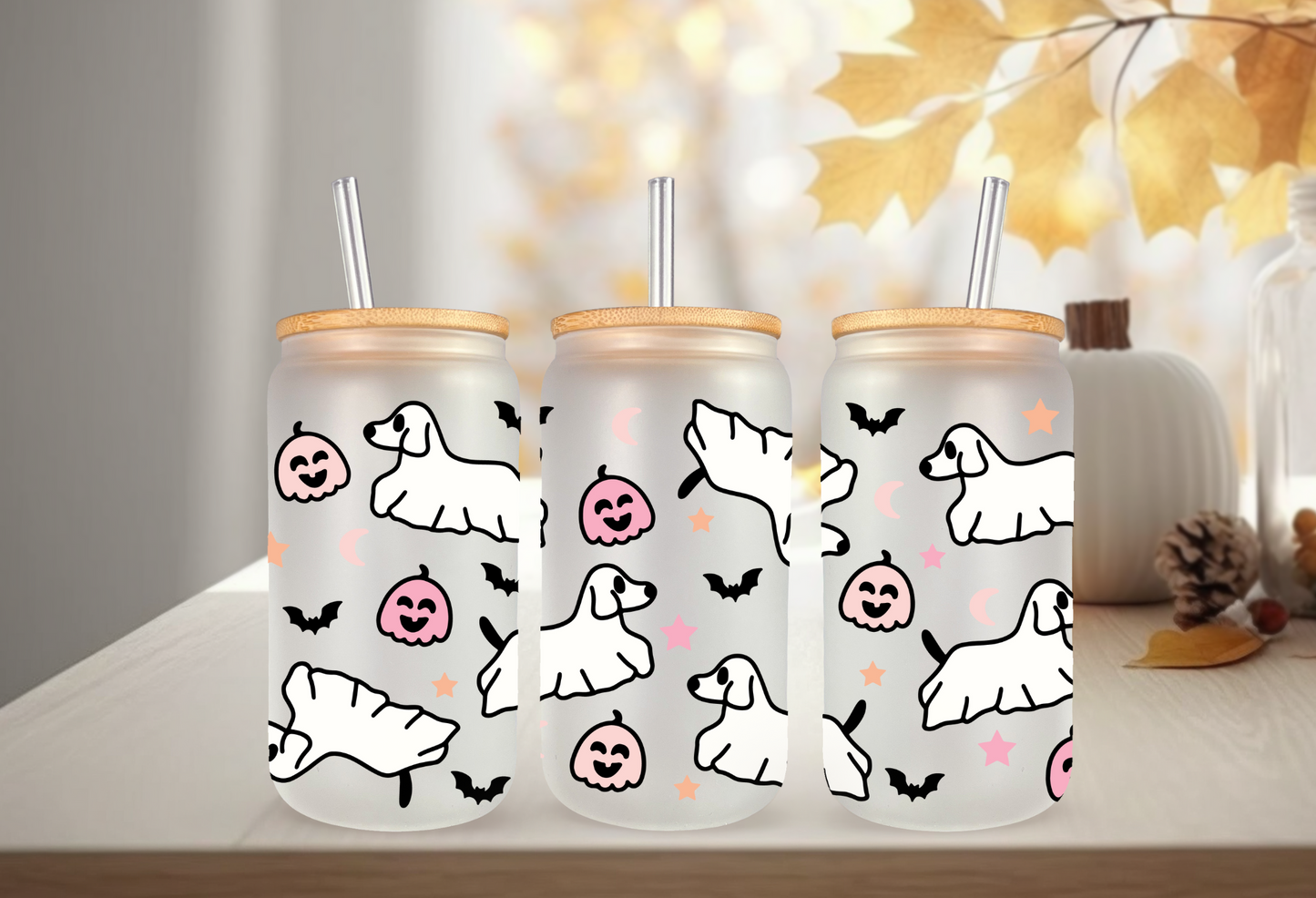 UVDTF Wrap Halloween Ghost Dogs for 16oz Can Glass Mug Tumbler, Ready to apply, Permanent adhesive, Double Sided option (Copy)