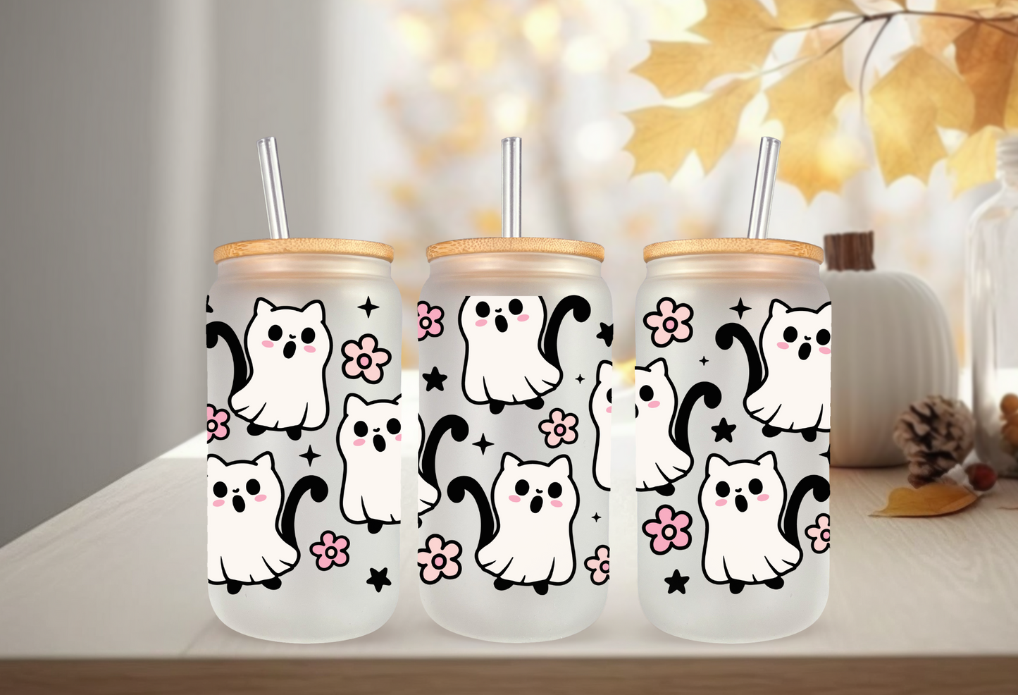 UVDTF Wrap Halloween Ghost Cat for 16oz Can Glass Mug Tumbler, Halloween Wrap, Ready to apply, Permanent Waterproof Adhesive
