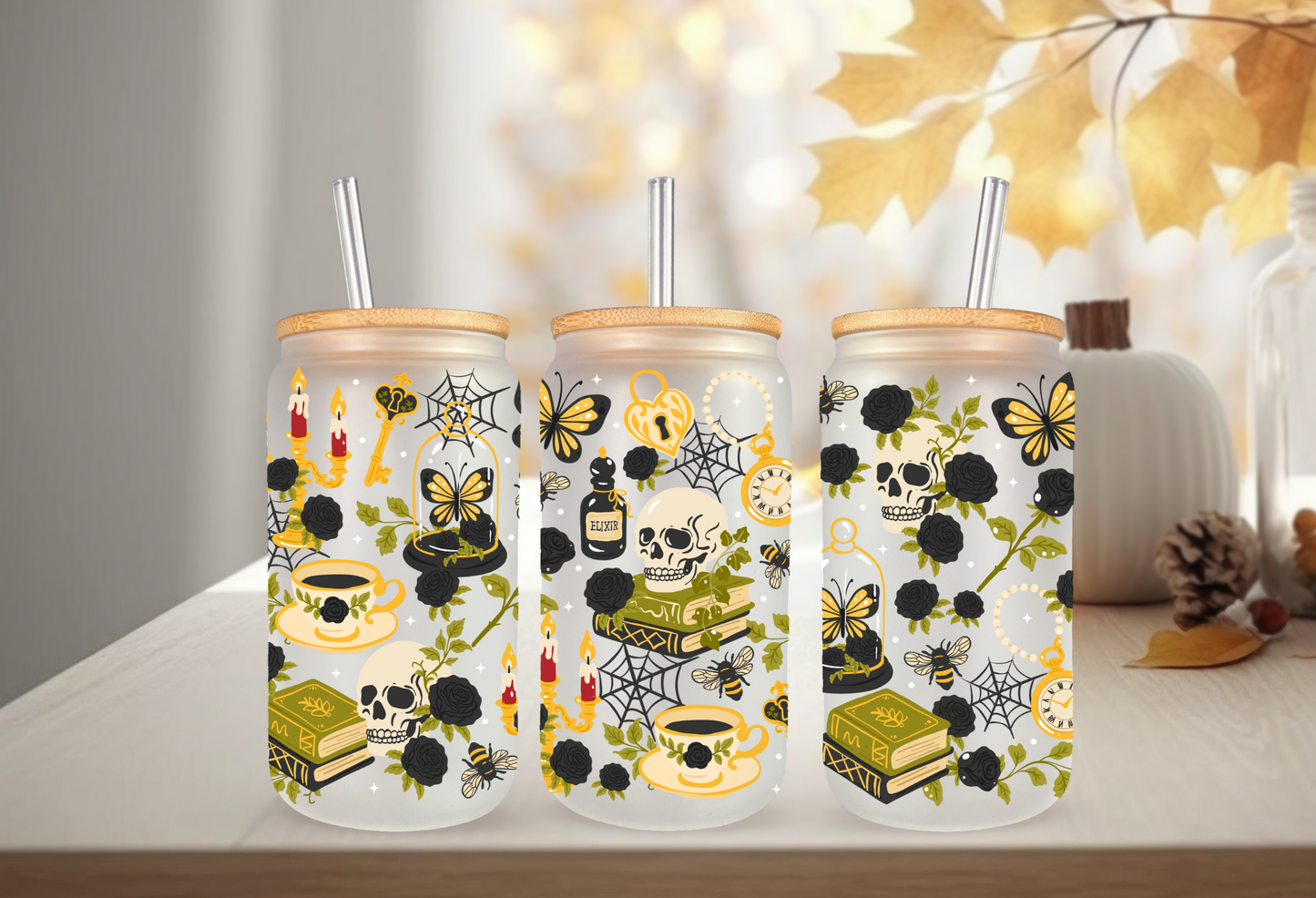 UVDTF Wrap Dark Academia for 16oz Can Glass Mug Tumbler, Halloween Wrap, Ready to apply, Permanent Waterproof Adhesive