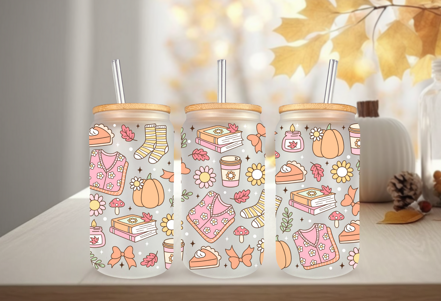 UVDTF Wrap Girly Autumn 16oz Can Glass Mug Tumbler Wrap, Ready to apply, Permanent Waterproof Adhesive, Double sided option
