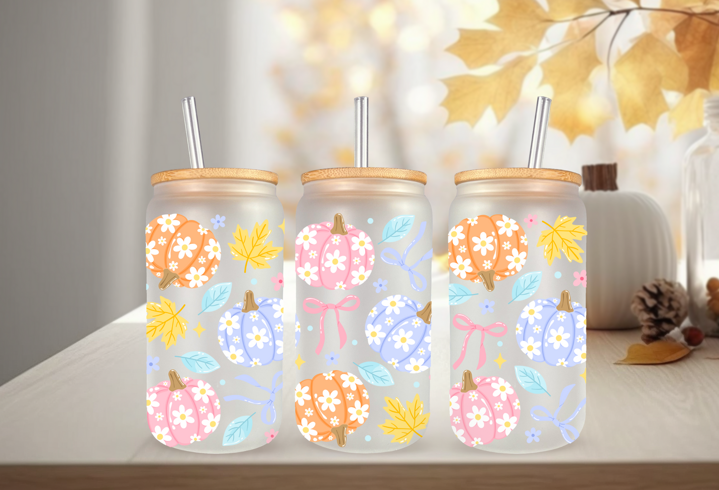 UVDTF Wrap Pastel Floral Pumpkin 16oz Can Glass Mug Tumbler, Fall Wrap,  Ready to apply, Permanent Waterproof Adhesive, Double Sided Option
