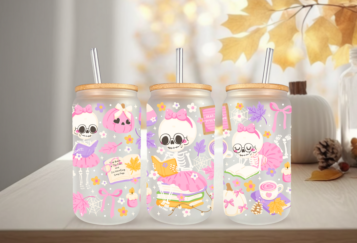 UVDTF Wrap Ghostly Bookish 16oz Can Glass, Mug, Tumbler, Halloween, Ready to apply, Permanent Waterproof Adhesive