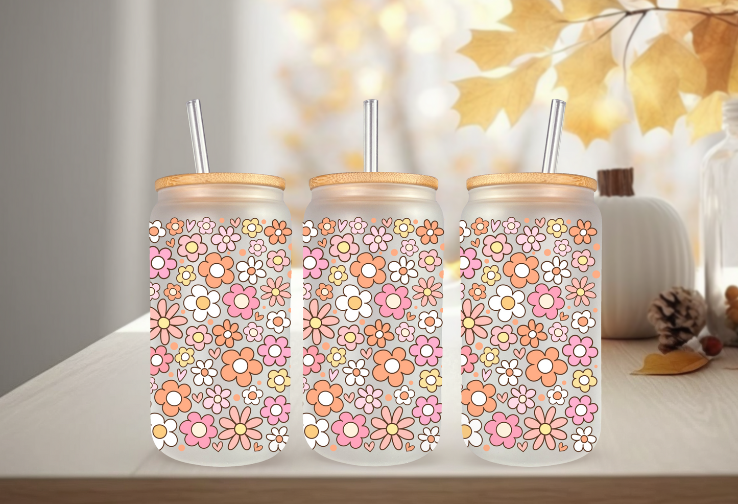 UVDTF Wrap Warm Floral Autumn for 16oz Can Glass Mug Tumbler, Ready to Apply, Permanent Waterproof Adhesive