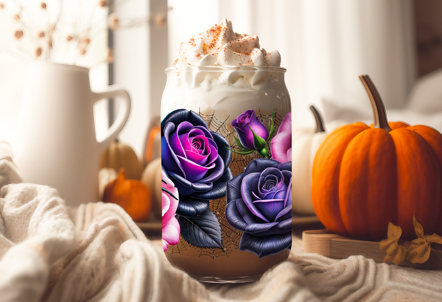 UVDTF Wrap Halloween Roses Spider 16 oz Can Glass Mug Tumbler, Halloween Wrap, Ready to Apply, Permanent Adhesive, Double Sided Print