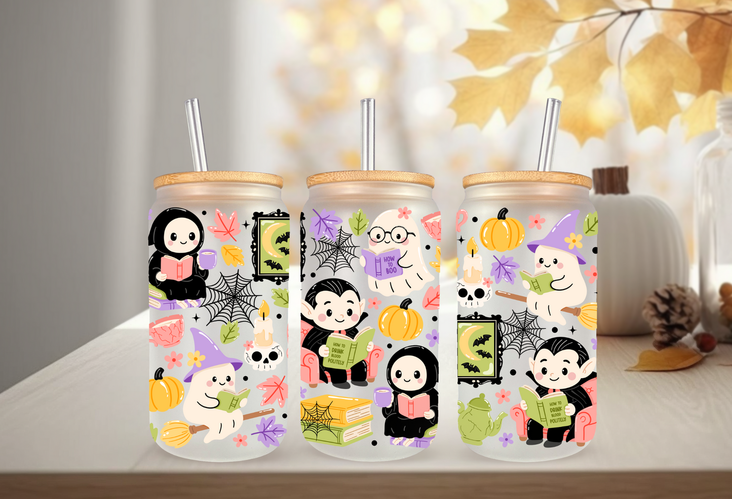 UVDTF Wrap Ghostly Book Club 16oz Can Glass, Mug, Tumbler, Halloween, Ready to apply, Permanent Waterproof Adhesive