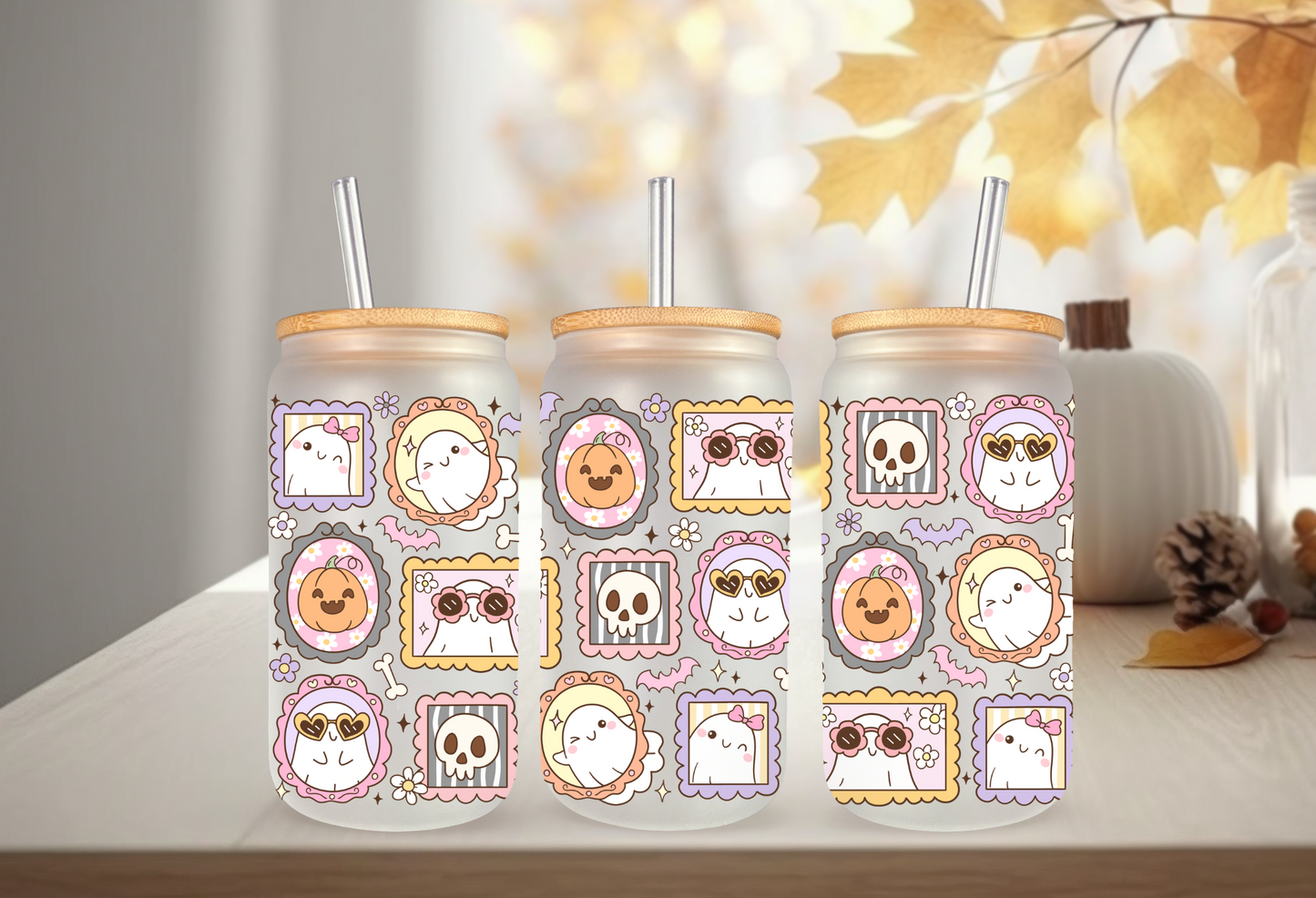 UVDTF Wrap Spooky Ghost Frames for 16oz Can Glass Mug Tumbler, Halloween Wrap, Ready to apply, Permanent Waterproof Adhesive (Copy)