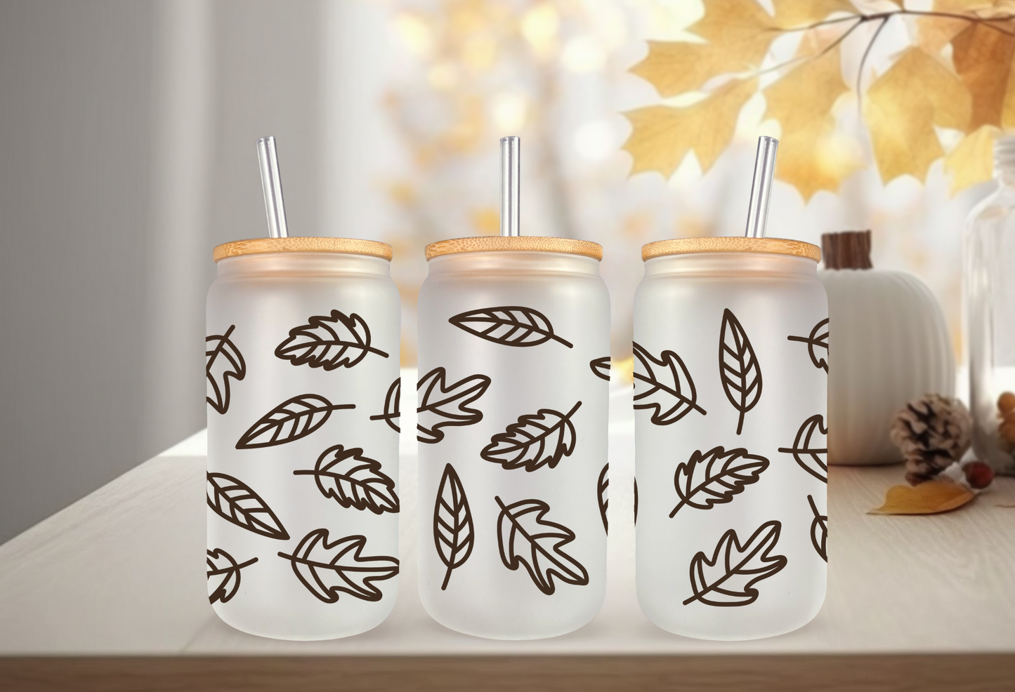 UVDTF Wrap Fall Leaves 16oz Can Glass, Mug, Tumbler, Double Sided Print Option, Ready to Apply, Permanent Adhesive Waterproof