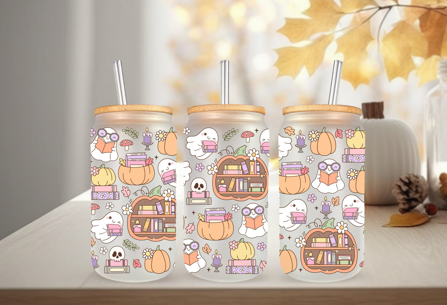 UVDTF Wrap Ghost Pumpkin Books 16oz Can Glass, Mug, Tumbler, Halloween, Ready to apply, Permanent Waterproof Adhesive