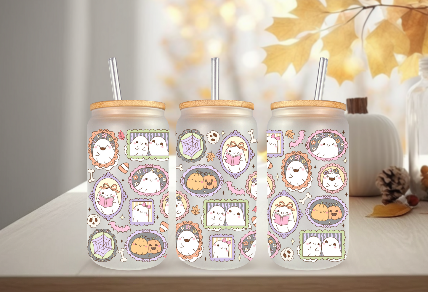UVDTF Wrap Spooky Ghost Frames for 16oz Can Glass Mug Tumbler, Halloween Wrap, Ready to apply, Permanent Waterproof Adhesive