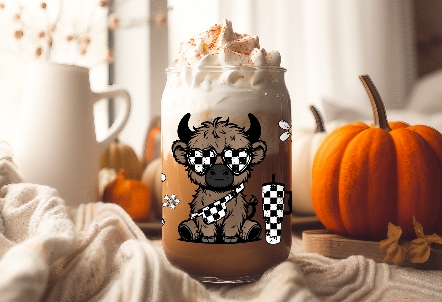 UVDTF Wrap Highland Cow Checkered Daisy 16oz Can Glass Mug Tumbler Wrap, Geese Wrap, Ready to apply, Permanent Adhesive
