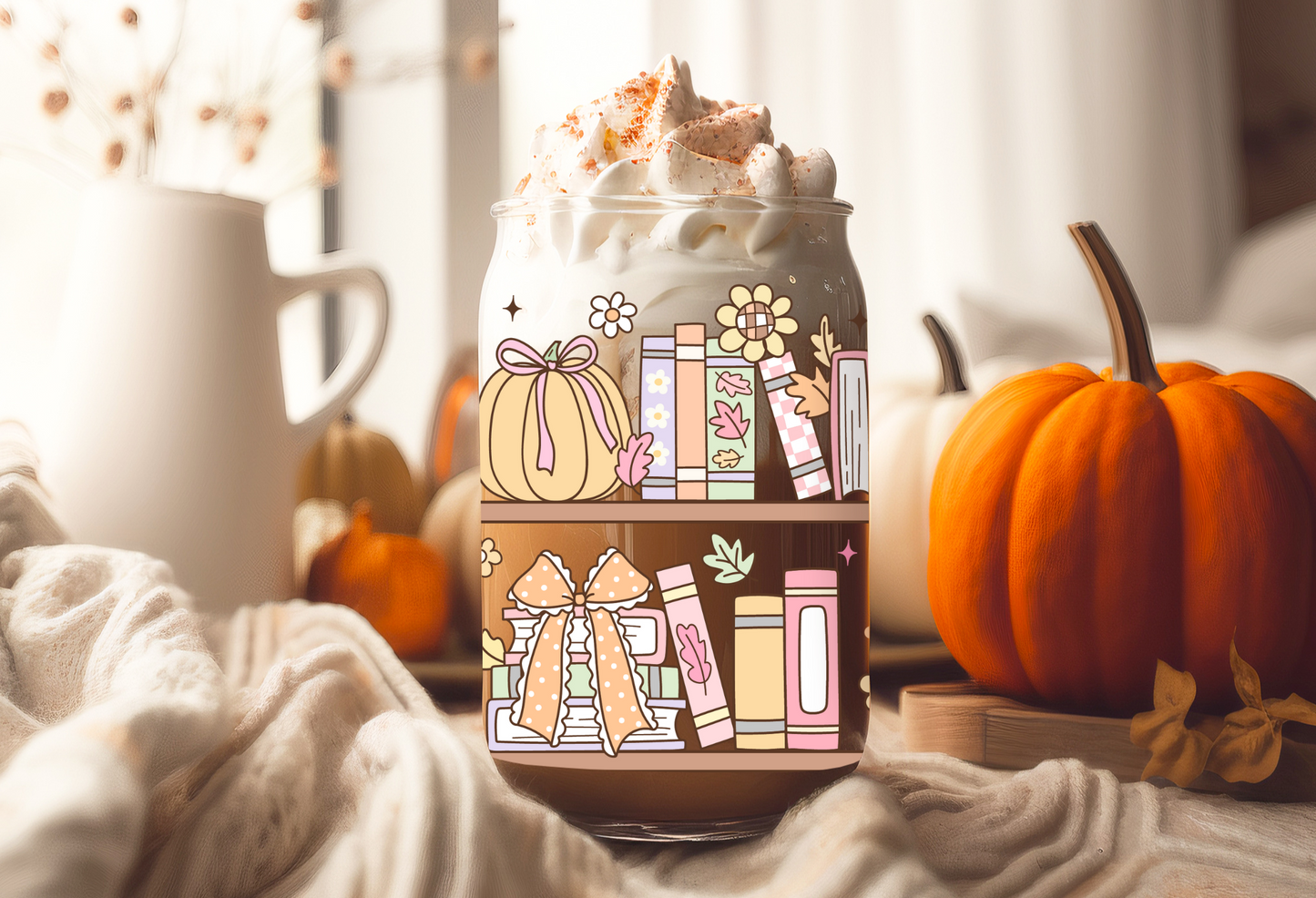 UVDTF Wrap Fall Bookshelf 16oz Can Glass, Mug, Tumbler, Halloween, Ready to apply, Permanent Waterproof Adhesive