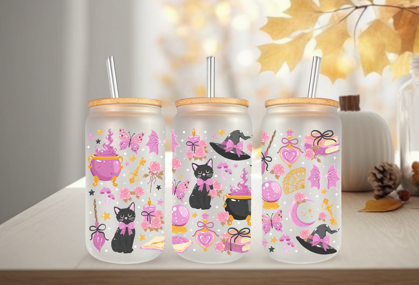UVDTF Wrap Witchy Coquette Cats for 16oz Can Glass Mug Tumbler, Halloween Wrap, Ready to apply, Permanent Waterproof Adhesive