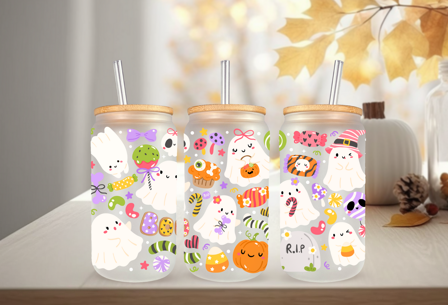 UVDTF Wrap Halloween Ghost Trick or Treat for 16oz Can Glass Mug Tumbler, Halloween Wrap, Ready to apply, Permanent Waterproof Adhesive