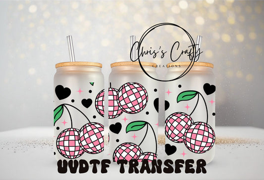 UVDTF Wrap Disco Ball Cherries 16 oz Can Glass 40 oz | Ready to apply | Permanent Waterproof Adhesive | Add on a Can Glass