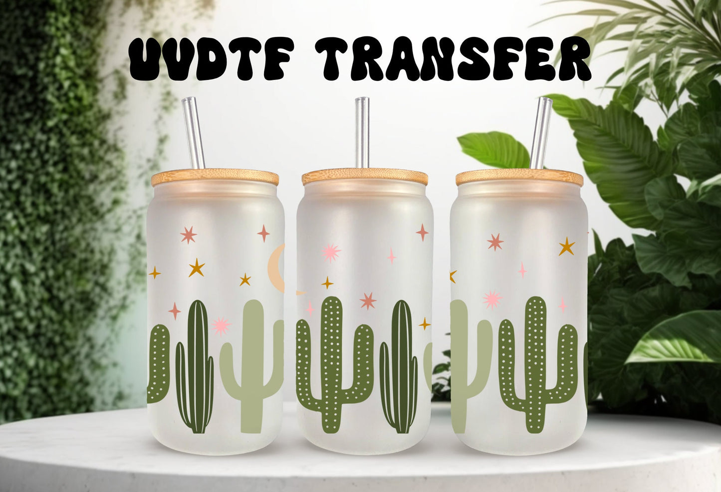 UVDTF Wrap Boho Dusk Cacti Cactus 16oz Can Glass, Mug, Tmbler, Cactus Wrap, Ready to apply, Permanent Adhesive Waterproof, Add on a Cup