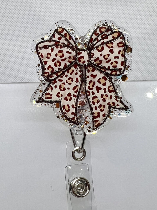 Leopard Print Bow Retractable Badge Reel – Stylish Acrylic ID Holder with Glitter Accents for Nurses, Teachers, and Office Accessories