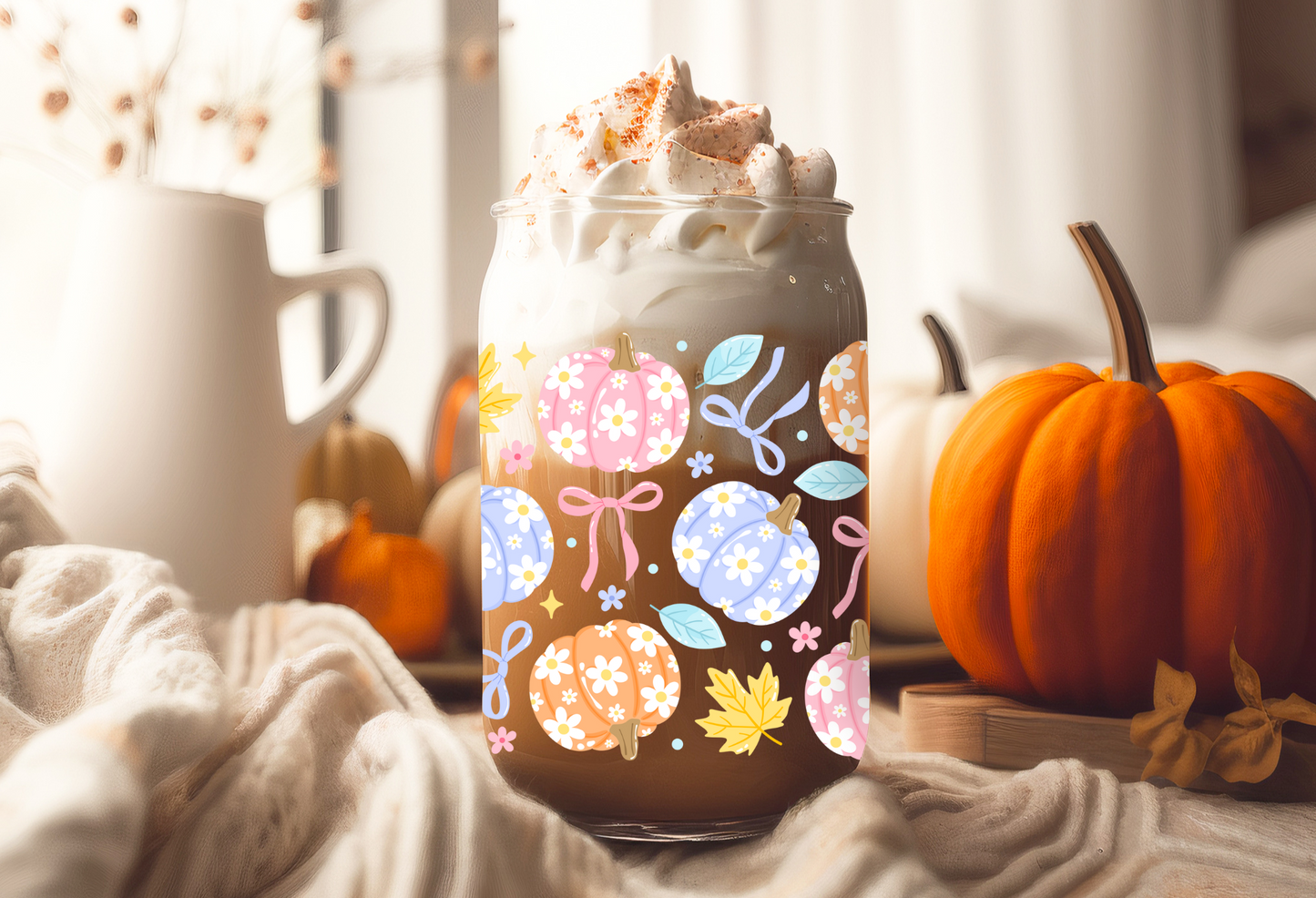 UVDTF Wrap Pastel Floral Pumpkin 16oz Can Glass Mug Tumbler, Fall Wrap,  Ready to apply, Permanent Waterproof Adhesive, Double Sided Option