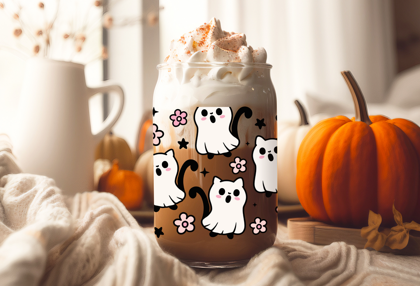 UVDTF Wrap Halloween Ghost Cat for 16oz Can Glass Mug Tumbler, Halloween Wrap, Ready to apply, Permanent Waterproof Adhesive