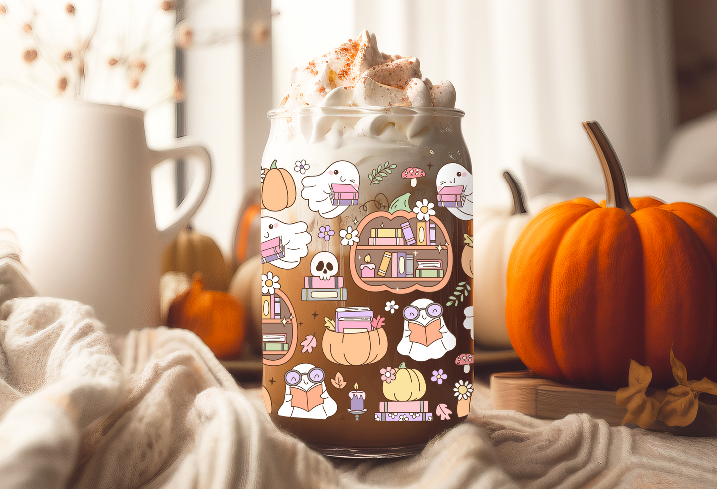 UVDTF Wrap Ghost Pumpkin Books 16oz Can Glass, Mug, Tumbler, Halloween, Ready to apply, Permanent Waterproof Adhesive