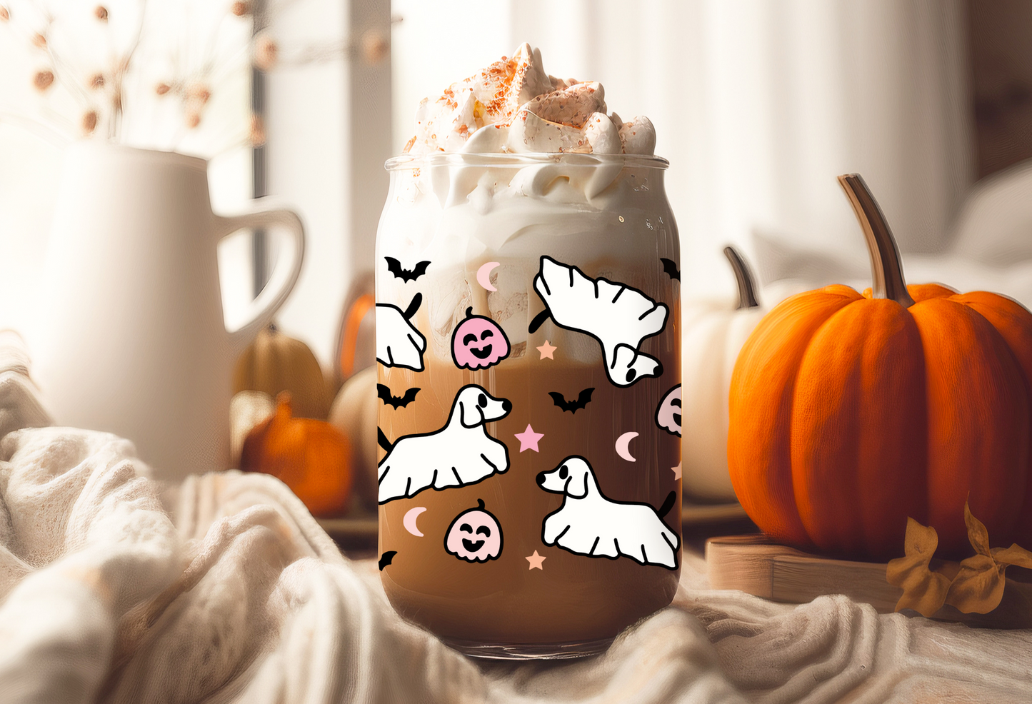 UVDTF Wrap Halloween Ghost Dogs for 16oz Can Glass Mug Tumbler, Ready to apply, Permanent adhesive, Double Sided option (Copy)