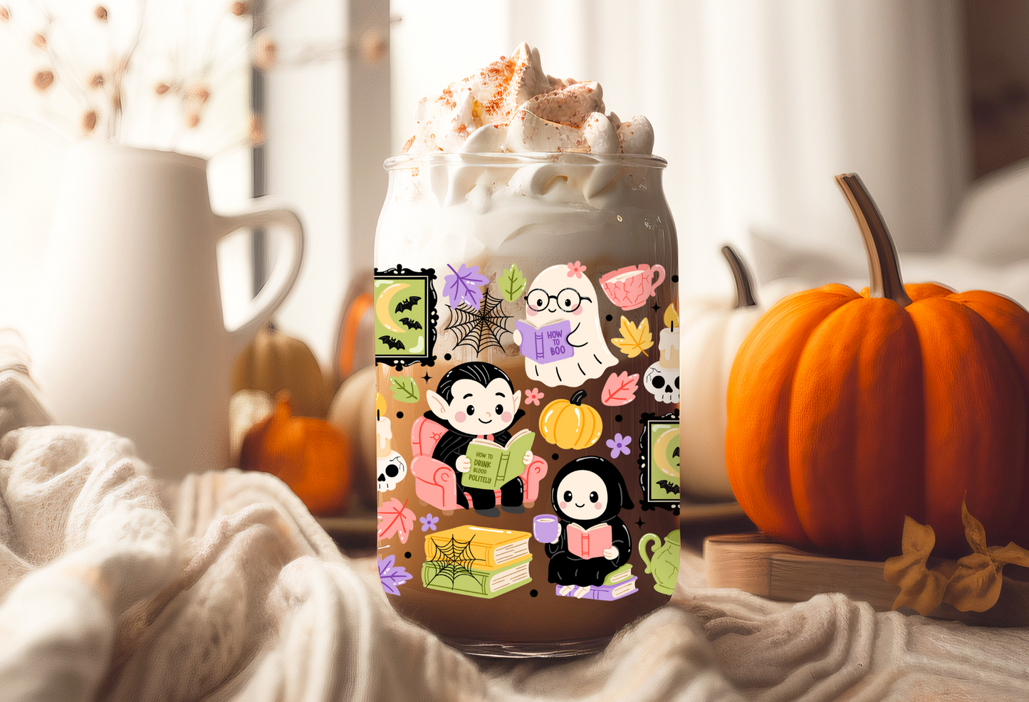 UVDTF Wrap Ghostly Book Club 16oz Can Glass, Mug, Tumbler, Halloween, Ready to apply, Permanent Waterproof Adhesive