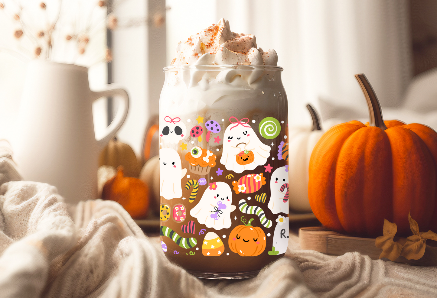 UVDTF Wrap Halloween Ghost Trick or Treat for 16oz Can Glass Mug Tumbler, Halloween Wrap, Ready to apply, Permanent Waterproof Adhesive
