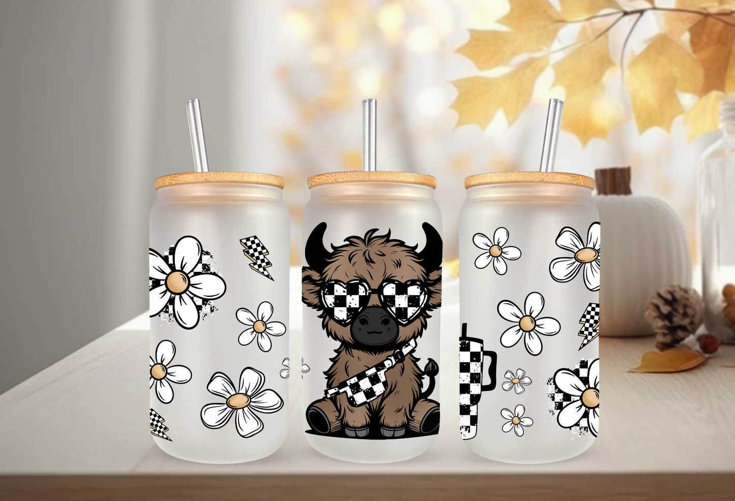 UVDTF Wrap Highland Cow Checkered Daisy 16oz Can Glass Mug Tumbler Wrap, Geese Wrap, Ready to apply, Permanent Adhesive