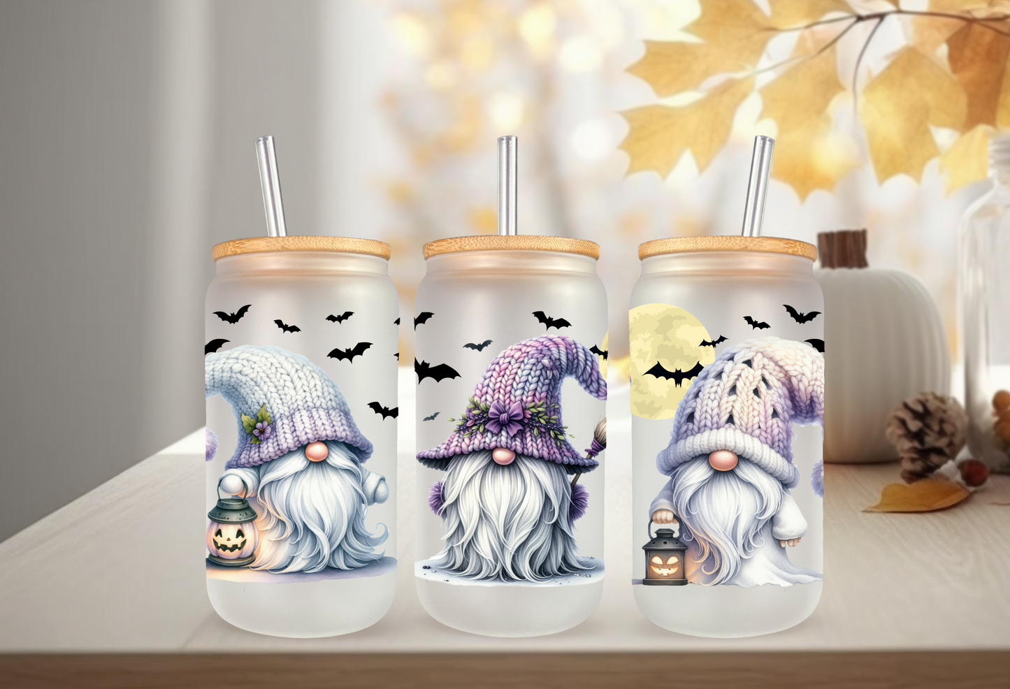 UVDTF Wrap Halloween Gnomes Bats 16oz Can Glass Mug Tumbler, Gnome Wrap, Ready to apply, Permanent Waterproof Adhesive