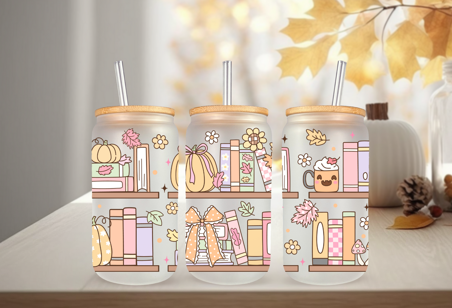 UVDTF Wrap Fall Bookshelf 16oz Can Glass, Mug, Tumbler, Halloween, Ready to apply, Permanent Waterproof Adhesive