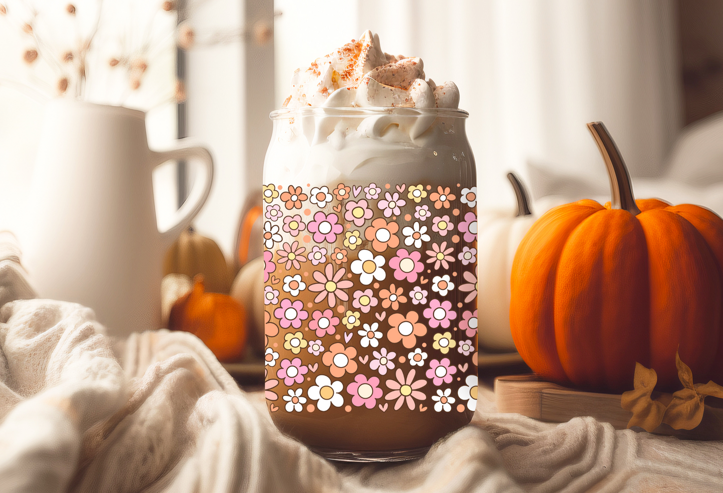 UVDTF Wrap Warm Floral Autumn for 16oz Can Glass Mug Tumbler, Ready to Apply, Permanent Waterproof Adhesive